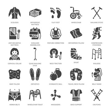 Orthopedics, trauma rehabilitation glyph icons. Crutches, mattress pillow, cervical collar, walkers, medical rehab goods. Health care signs for clinic, hospital. Solid silhouette pixel perfect 64x64.