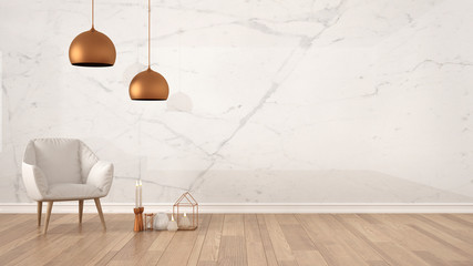 Minimalist architect designer concept background with marble wall, white armchair, candles and decor on parquet flooring, living room interior design with copy space © ArchiVIZ