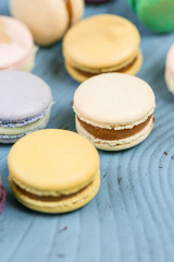 French macaroon dessert and flowers eucalyptus on a turquoise background. pastel colors