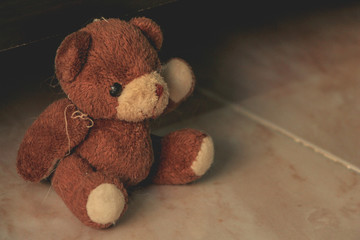 Old teddy bear in room.