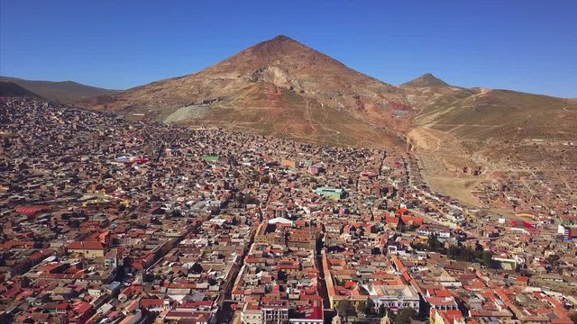 Aerial view of the mountain of Cerro Rico and the city of Potosi, Bolivia