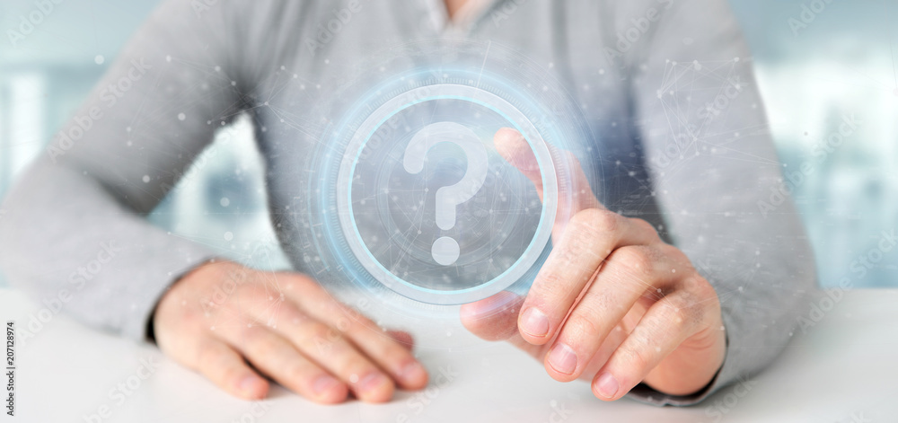 Poster man holding a technology question mark icon on a circle 3d rendering