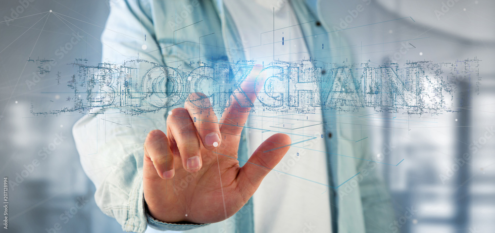 Poster man holding a blockchain title isolated on a background