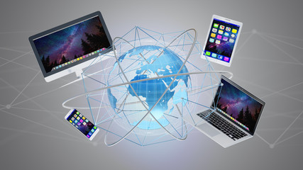 Computer and devices displayed on a futuristic interface with international network  - 3d render