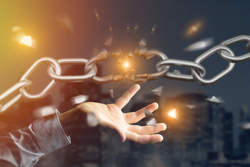 Weak link of a Broken chain exploding - 3d render