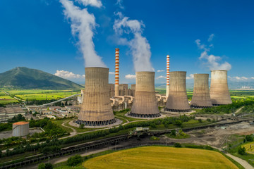 Aerial view the plant producing electrical energy with large pipes at Kozani in northern Greece.