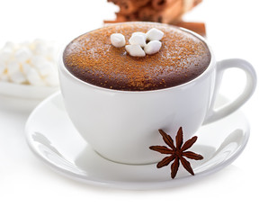 Hot chocolate close-up on a white background.