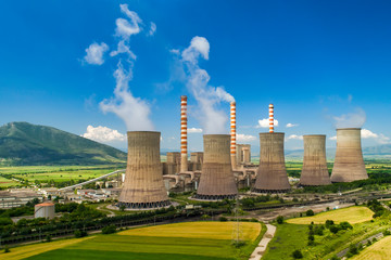 Aerial view the plant producing electrical energy with large pipes at Kozani in northern Greece.