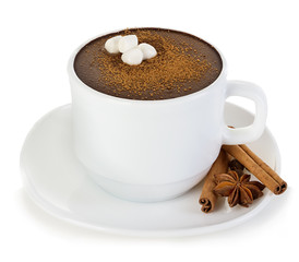 Hot chocolate close-up on a white background.