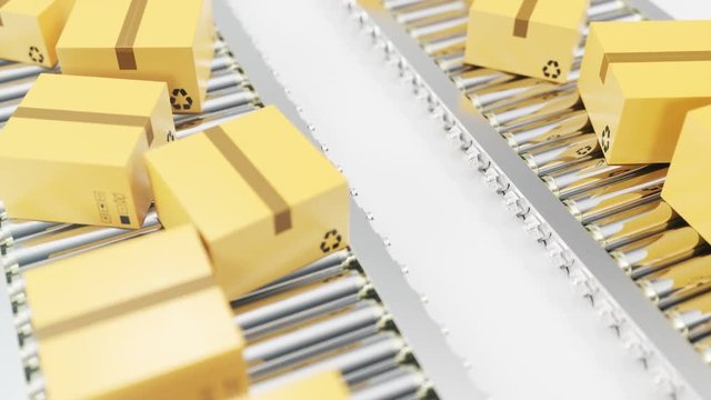 Cardboard boxes progresses along conveyor belt loopable animation. Cardboard boxes on conveyor belt