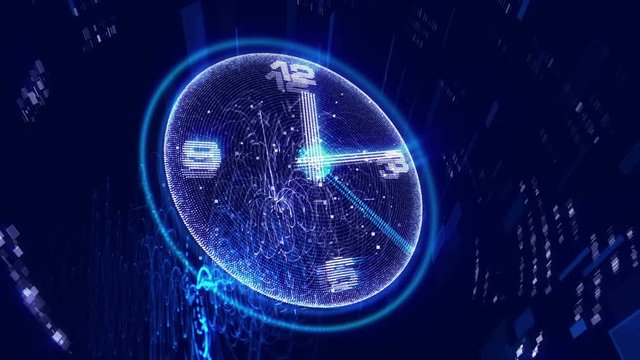 A wonderful 3d rendering of a shimmering blue clock twirling left and right with white second, minute and hour arrows turning around quickly. They remind us that life is short.