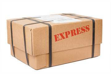 Express Paket mit Umreifungsband auf weißem Hintergrund