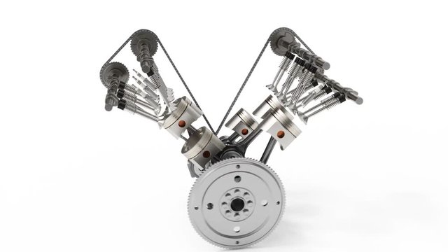 3d rendering of an internal combustion engine. Engine parts pistons, camshaft, chain, valves and other mechanical parts car. V6 engine pistons with crankshaft isolated on white background