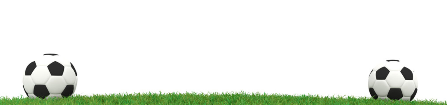 Two soccer ball on grass panorama, 3d rendering