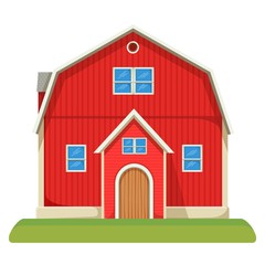 Red capacious farm barn with two-storey and neat lawn