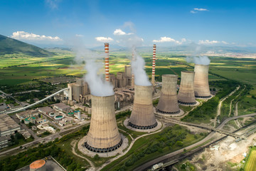 Aerial view the plant producing electrical energy with large pipes at Kozani in northern Greece.
