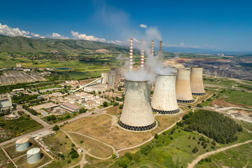 Aerial view the plant producing electrical energy with large pipes at Kozani in northern Greece.