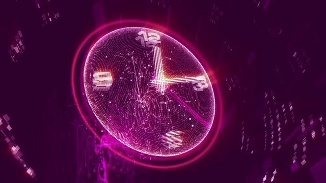 An amazing 3d rendering of a luminous violet clock changing places with white second, minute and hour arrows rotating fast around the clock. They say that life is too short.
