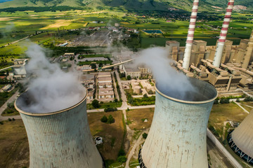 Aerial view the plant producing electrical energy with large pipes at Kozani in northern Greece.
