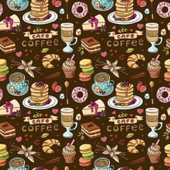 Beautiful hand drawn vector illustration coffee and sweets.