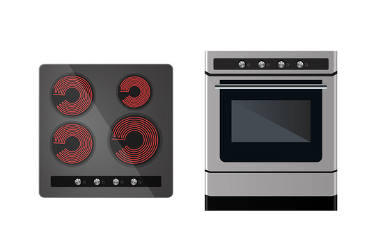 Kitchen electric stove. Cooking food equipment. Vector illustration. Front and top view.