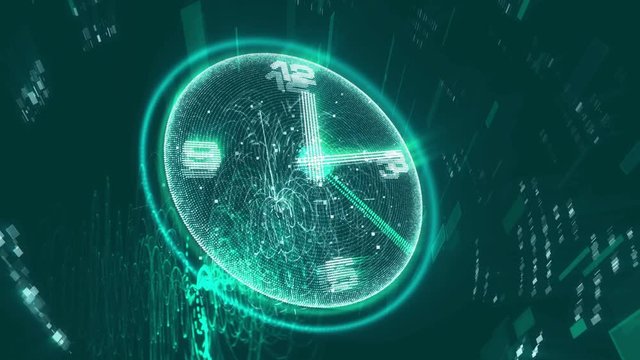 A marvelous 3d rendering of a brilliant blue and green clock changing its location cheerfully and optimistically with white second, minute and hour arrows turning fast around the clock.