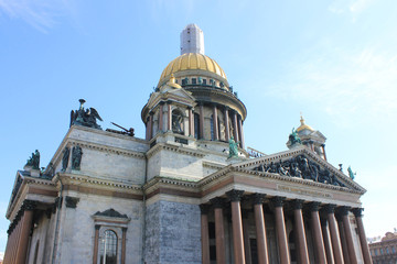 Fototapeta na wymiar St. Isaac's Cathedral Orthodox Basilica and Museum Building in Saint Petersburg, Russia. Classical Empire Architecture Built in 1858 by Architect Montferrand. Famous City Cultural Landmark Front View.