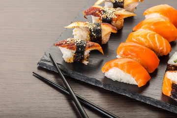 japanese cuisine, sushi set on a board