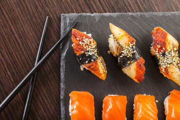 japanese cuisine, sushi set on a board