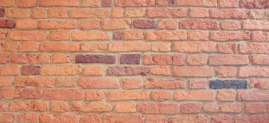 Brick Wall Old Weathered Orange Stone Texture Background. Grunge Abstract Brick Stones Pattern, Colorful Dirty Rough Wall Front Background. Brickwall Material Surface Close Up View with Copy Space