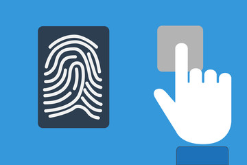 Finger print identification technology concept with device scanning - obrazy, fototapety, plakaty