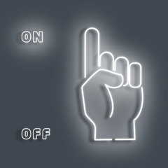 Neon sign hand pointing finger. White sign on a gray background.For the animation of the aurora, the radiance turns on and off in layers. vector illustration.