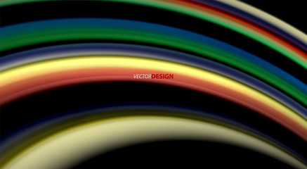 Fluid rainbow colors on black background, vector wave lines and swirls