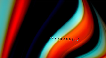 Fluid rainbow colors on black background, vector wave lines and swirls