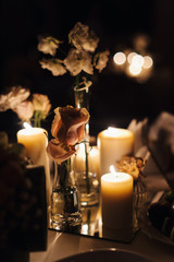 Wedding tables set for banquet or wedding event catering. Party celebration wedding concept. Flowers wedding decoration of tables for guests of bride and groom. Table appointment event