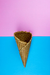 Ice cream. Wafer cone. Summer minimal Concept. Two tone color background. Empty space for text and design
