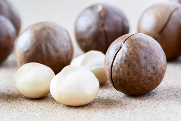 Whole Macadamia nuts and kernel on brown background