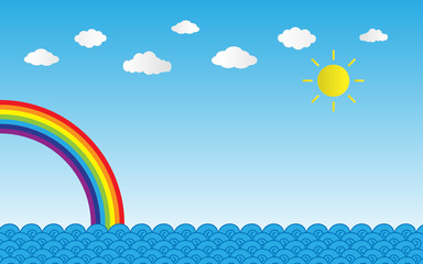 sun shine on blue sky with clouds and rainbow over sea,vector illustration