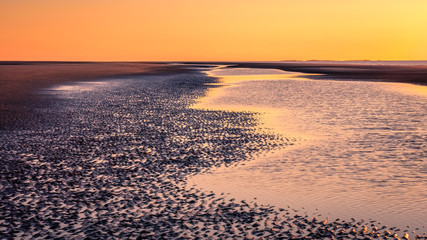 The sky nearly turns orange and the beach purple when the sun has almost set on a sunny late September day on the shores of the Wadden Island of Schiermonnikoog (Friesland, the Netherlands)