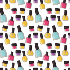 Red nail polish bottle varnish enamel glamour seamless pattern background fashion liquid beauty paint accessory female vector illustration.