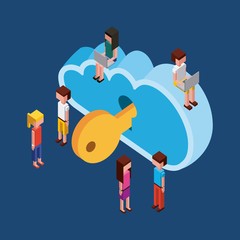 people cloud computing storage key security isometric vector illustration