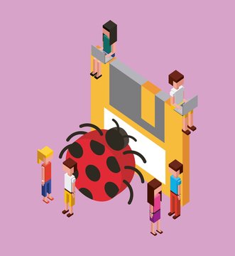 people floopy backup bug virus cloud computing storage isometric vector illustration