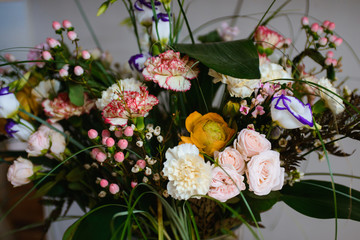 Wedding tables set for banquet or wedding event catering. Party celebration wedding concept. Flowers wedding decoration of tables for guests of bride and groom. Table appointment event