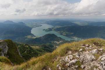 Naklejka premium Panoramic view of mountains from Schafberg peak in Salzkammergut, Austria in a beautiful summer day