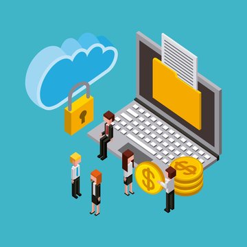 people laptop money document security cloud computing storage isometric