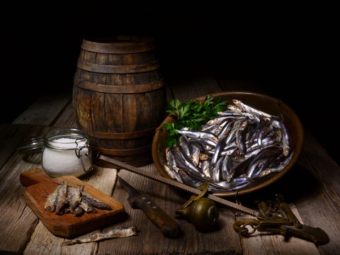 Natura morta con Alici fresche e sotto sale