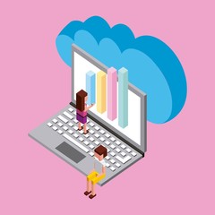 people with laptop and statistic diagram cloud computing storage isometric