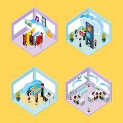 set of people with working process cloud computing storage isometric