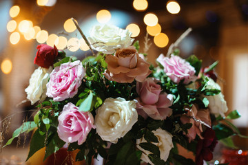 Wedding tables set for banquet or wedding event catering. Party celebration wedding concept. Flowers wedding decoration of tables for guests of bride and groom. Table appointment event