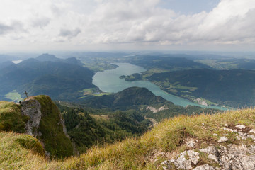 Panoramic view of mountains from Schafberg peak in  Salzkammergut, Austria in a beautiful summer day